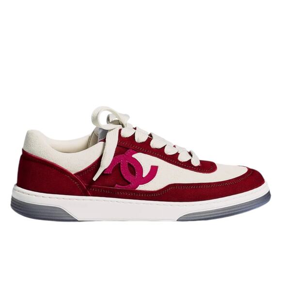 Chanel CC Logo Suede Kidskin Lace Up Sneakers Burgundy 2023 Size 36.5 - Picture 1 of 13